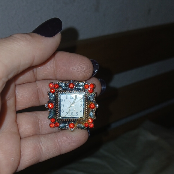 Square Silver Watch with Red Accents